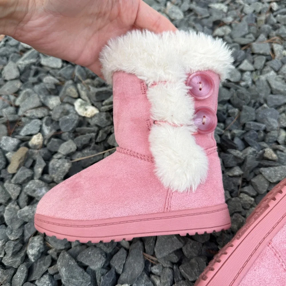 Pink Faux Suede Winter Boots with Faux Fur Trim and Button Detail Size 6